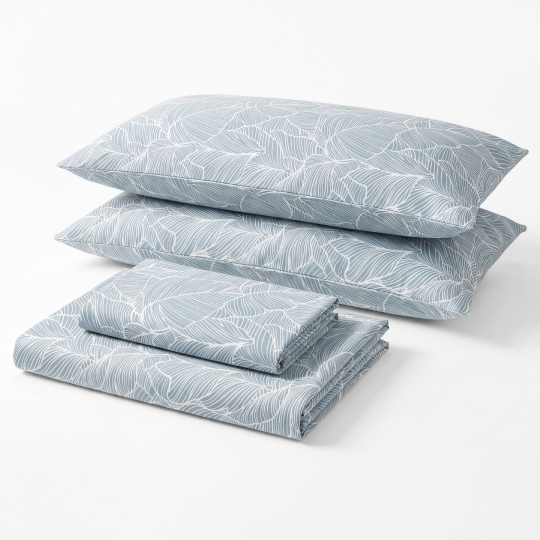 Sofia Home Textiles Printed Bedsheets - Sofia Large Leaves Printed Double Flat Bedsheet Set 4 Pcs in Teal folded full set on a white background - مفروشات صوفيا - ملايات مطبوعة - طقم ملاية صوفيا ورق شجر كبير دبل مسطحة 4 قطع باللون جنزاري مطوي كامل على خلفية بيضاء